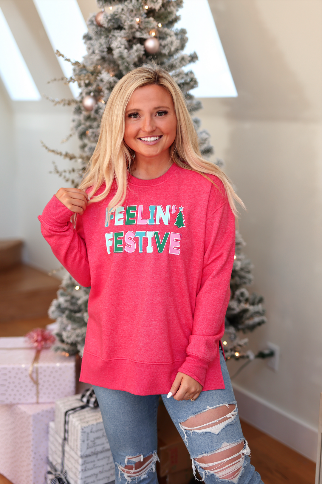 Feelin' Festive Burnout Sweatshirt - (RED)