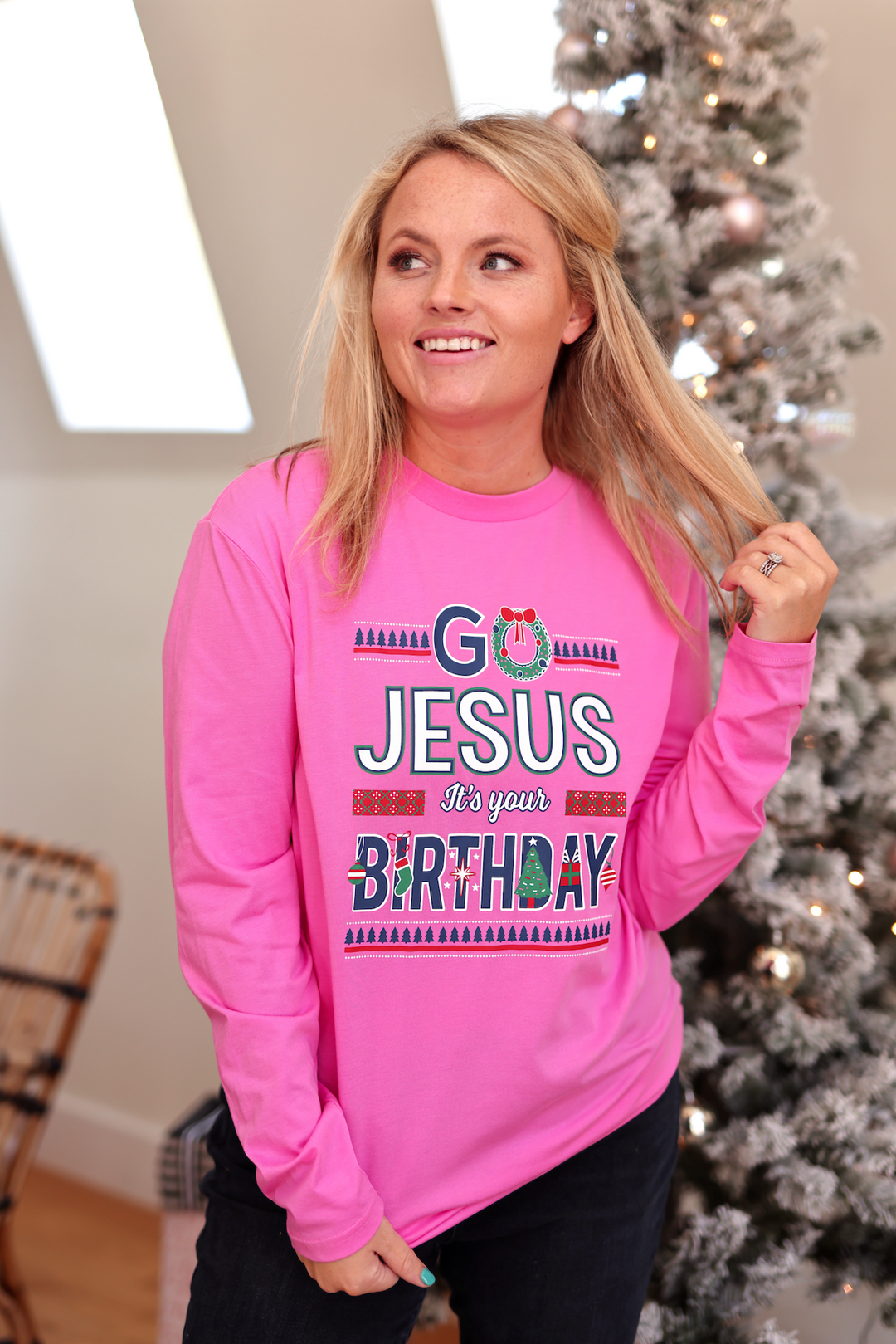 K&C - Go Jesus It's Your Birthday (Safety Pink) - Long Sleeve/Crew