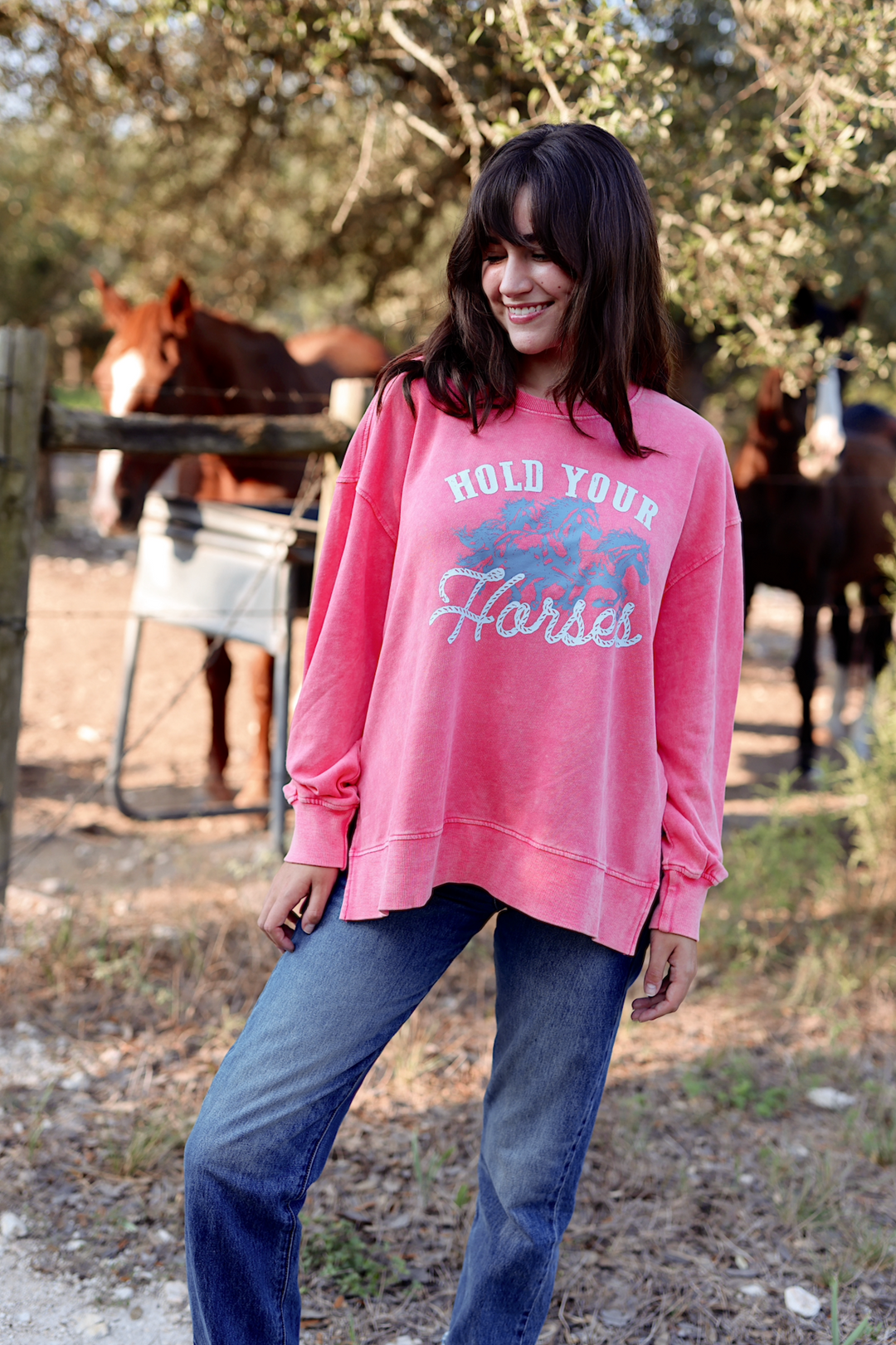 Hold Your Horses (Coral) - Mineral Wash Pullover