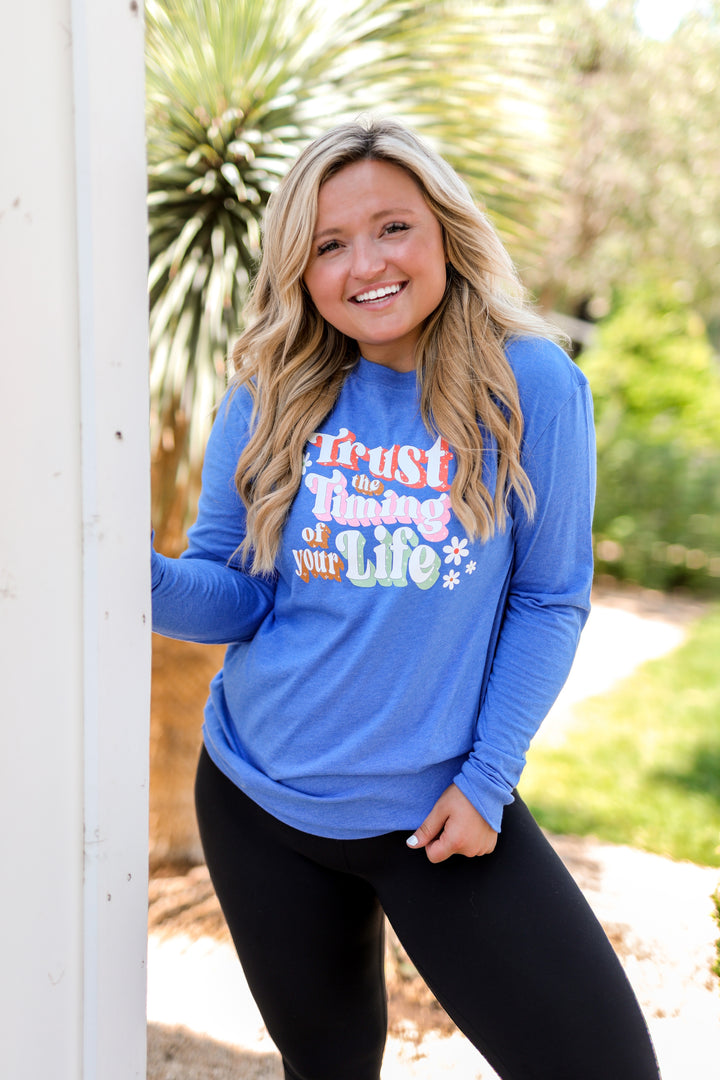 Trust The Timing (Flo Blue Heather) - Long Sleeve / Crew
