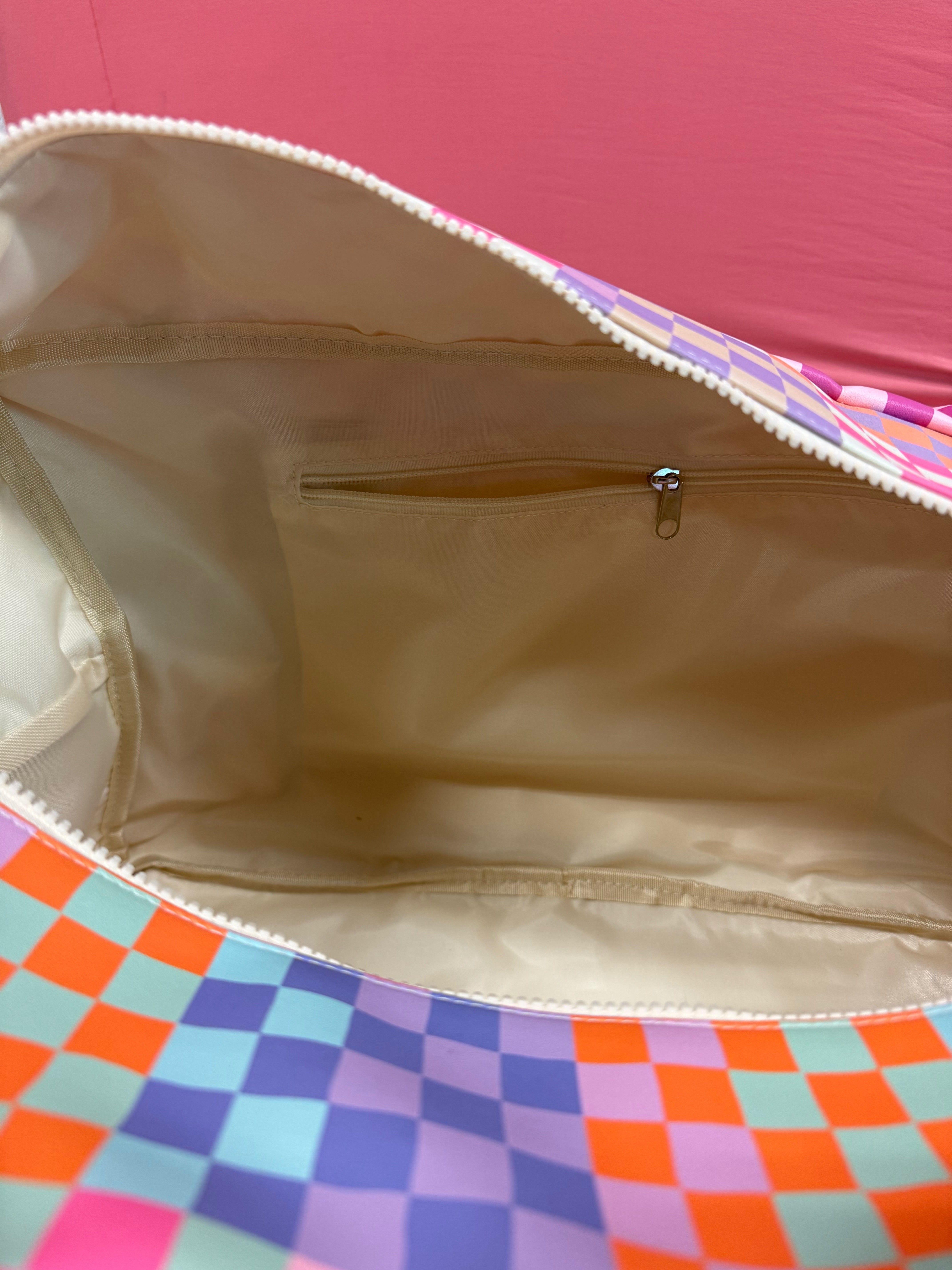 Custom Duffle Bag - Happy Checkered LONG pocket (Cream/Mint/Multi