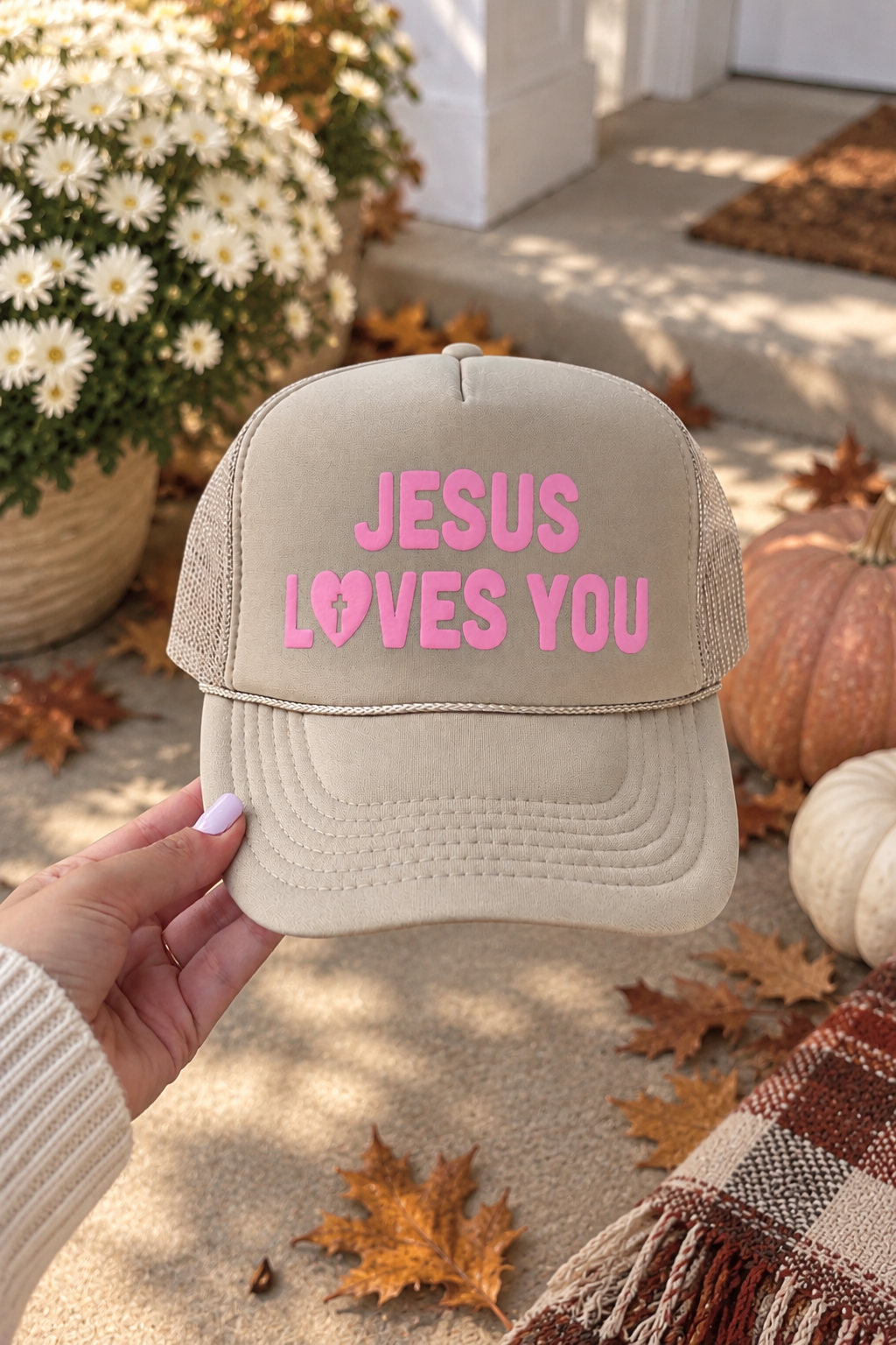 Jesus Loves You Trucker Hat (Tan + Pink)