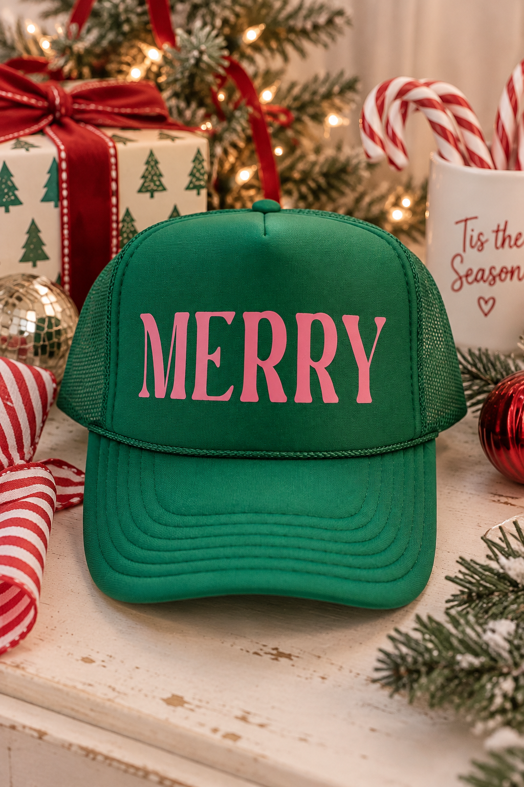 Merry Trucker Hat (Green + Pink)