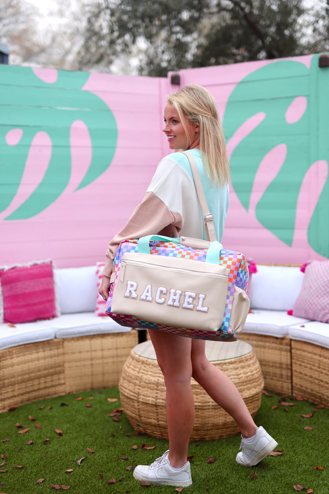 Custom Duffle Bag Happy Checkered LONG pocket Cream Mint Multi Colored Checker