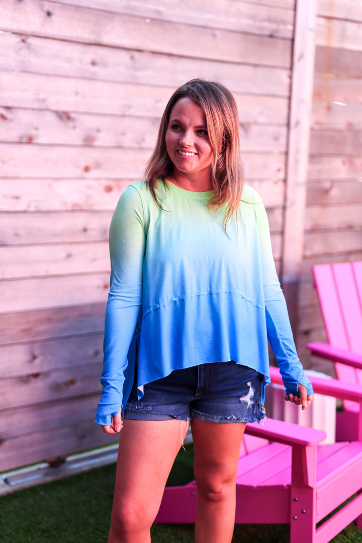 Women's long sleeve gradient shirt in green to blue, lightweight material, perfect for casual summer outings.