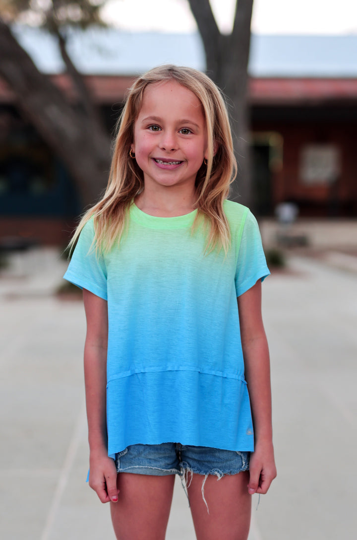 Girls' short sleeve ombre t-shirt in blue and green, soft fabric, perfect for casual wear.