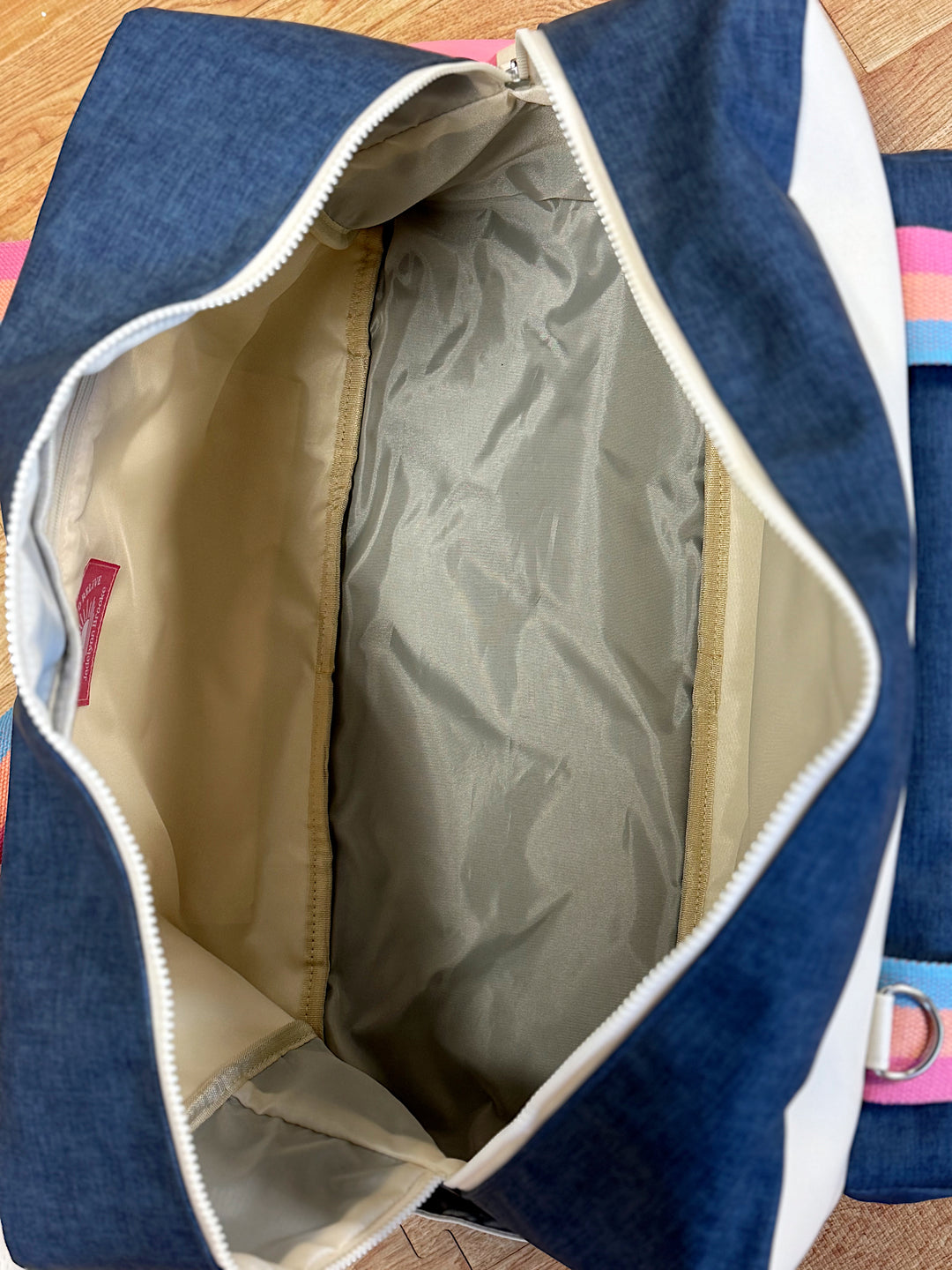 Custom Duffle Bag - Denim Print Color Block (Denim Print/Cream/Mint)