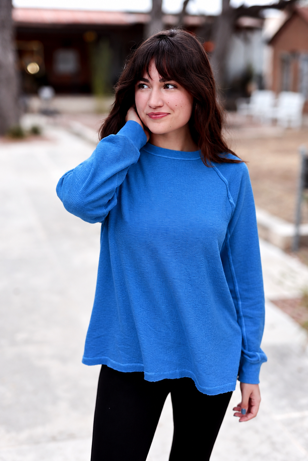 French Terry long-sleeve casual crew-neck top in cobalt blue.
