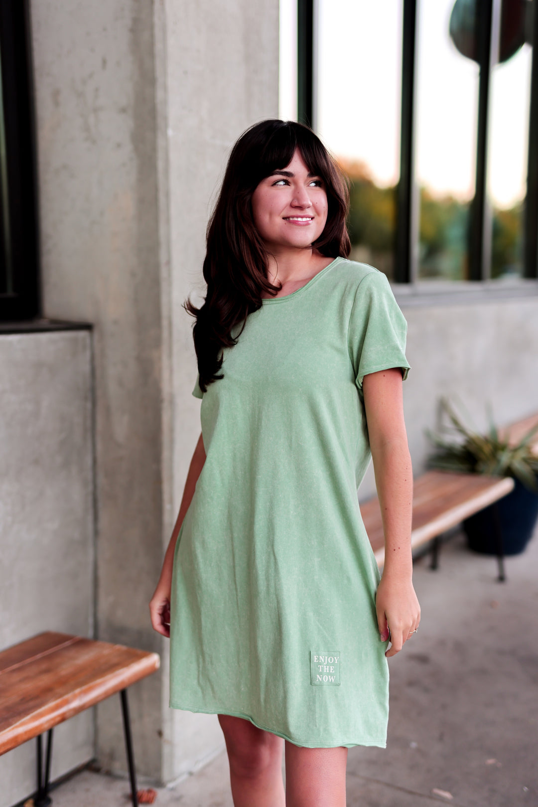 Light green cotton dress with short sleeves and 'Enjoy the Now' graphic, perfect for casual wear.