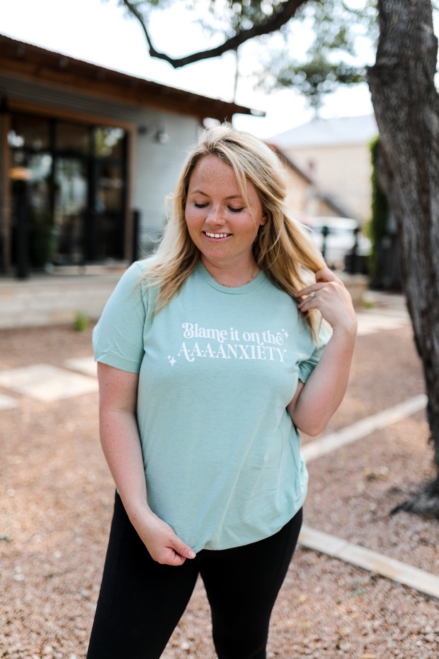 Blame It On The A - A - A - Anxiety (Dusty Prism Blue Heather- Puff Print) - Short Sleeve / Crew