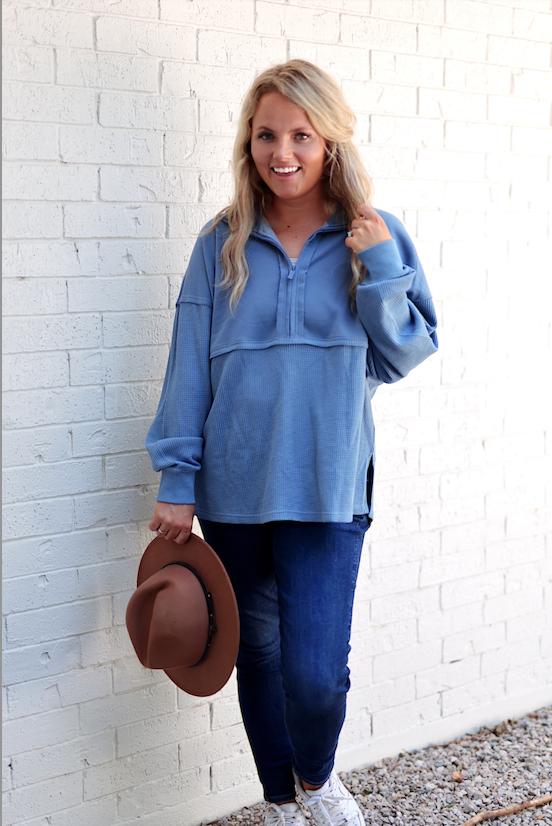 Ready Or Not Waffle Quarter Zip Pullover - (Cobalt)