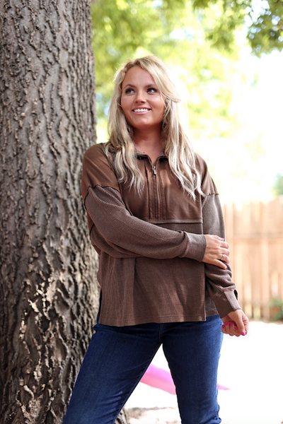 Ready Or Not Waffle Quarter Zip Pullover - (Espresso) – Jadelynn