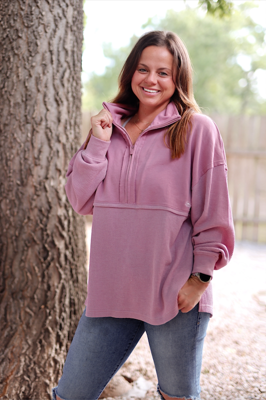 Ready Or Not Waffle Quarter Zip Pullover - (Dusty Rose)