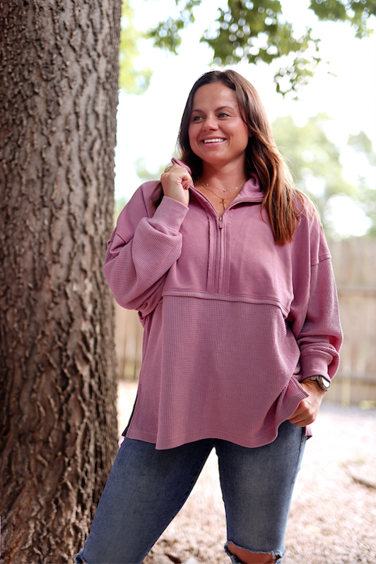 Ready Or Not Waffle Quarter Zip Pullover - (Dusty Rose)