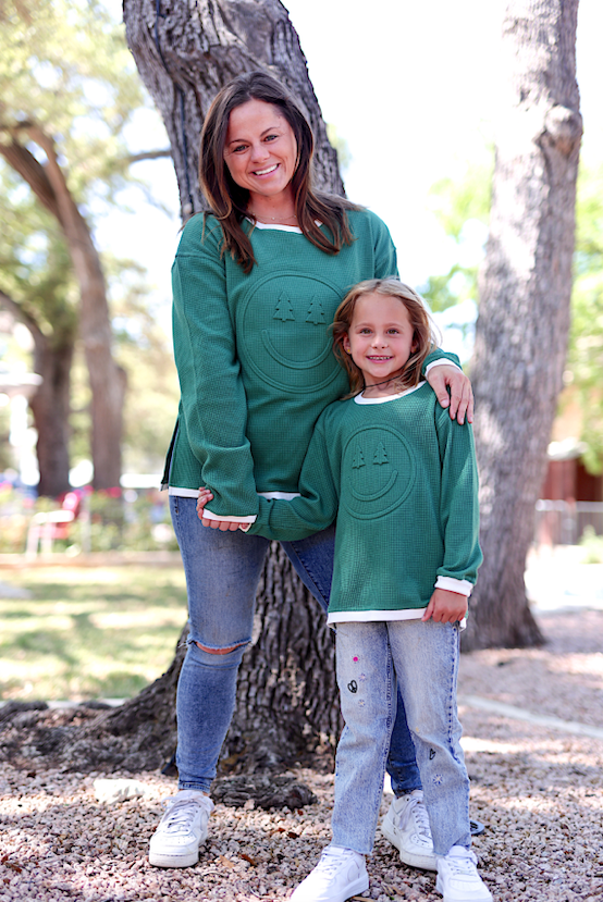 Holiday Happy Trees - Effortless Embossed YOUTH Waffle Pullover (Pine/Cream)