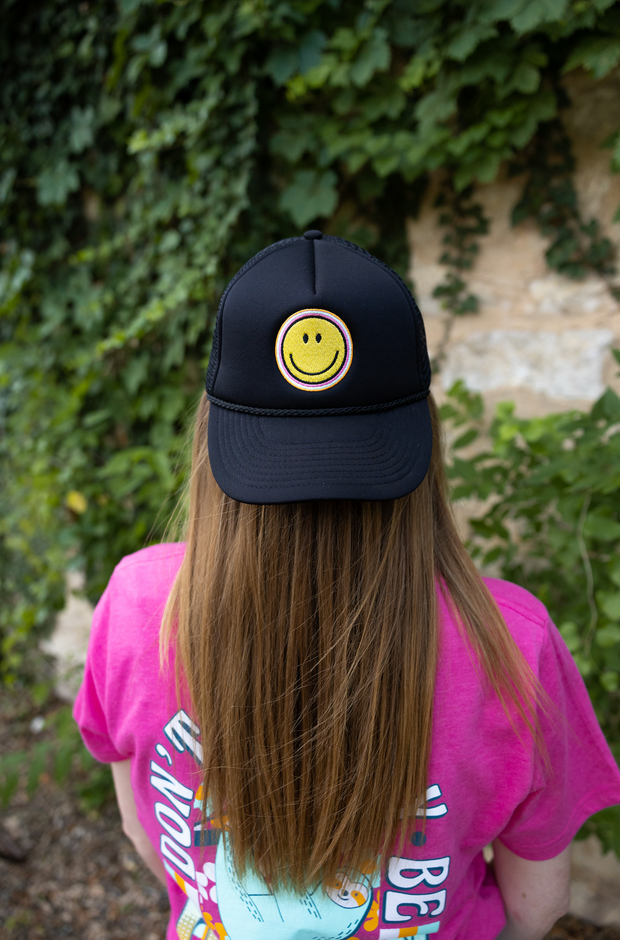 Trucker Hat - Happy Face Embroidery (Black)