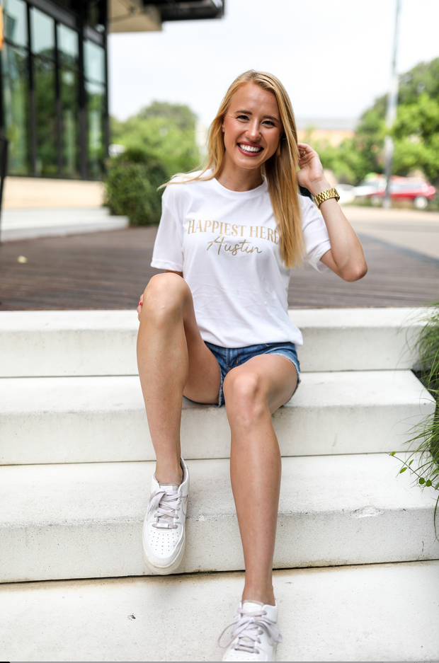 Custom Happiest Here (White Sueded) - Short Sleeve / Crew