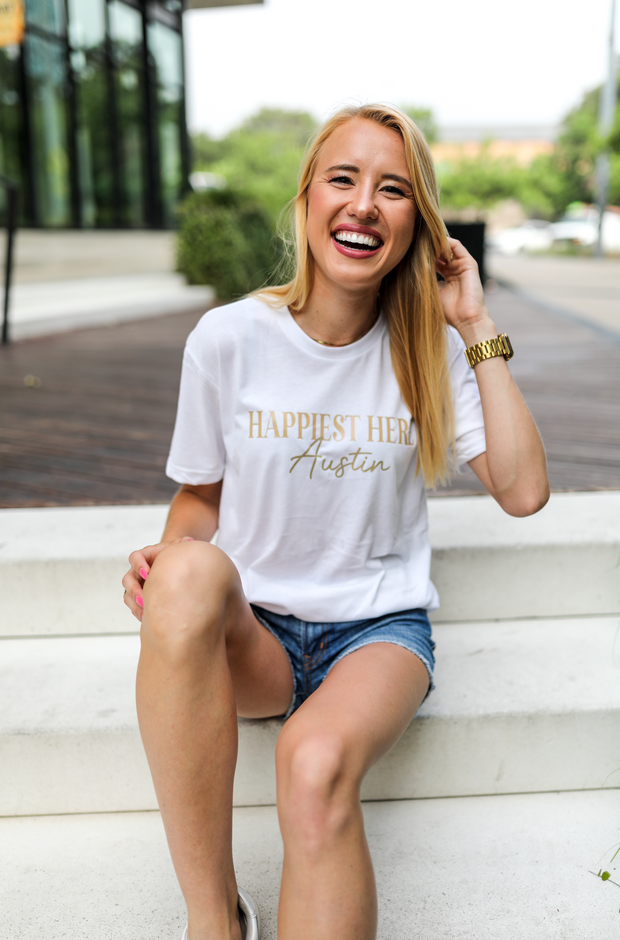Custom Happiest Here (White Sueded) - Short Sleeve / Crew