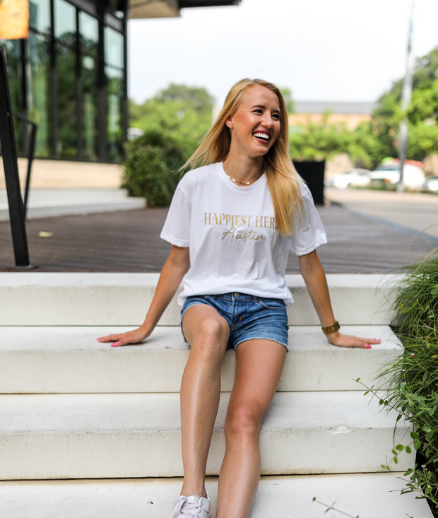 Custom Happiest Here (White Sueded) - Short Sleeve / Crew