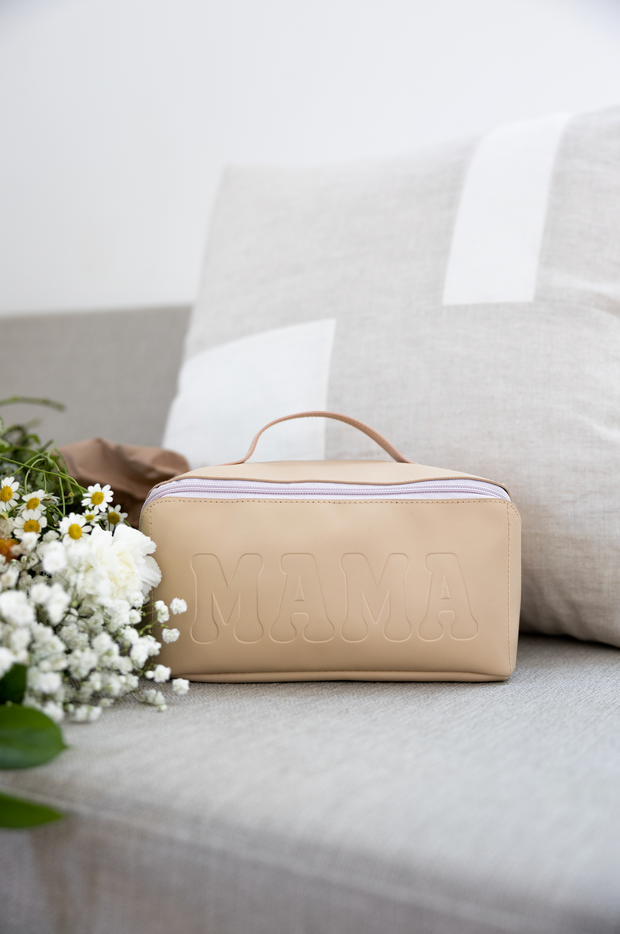 Cosmetic Bag - MAMA - Embossed Hold All Makeup Bag (Latte)