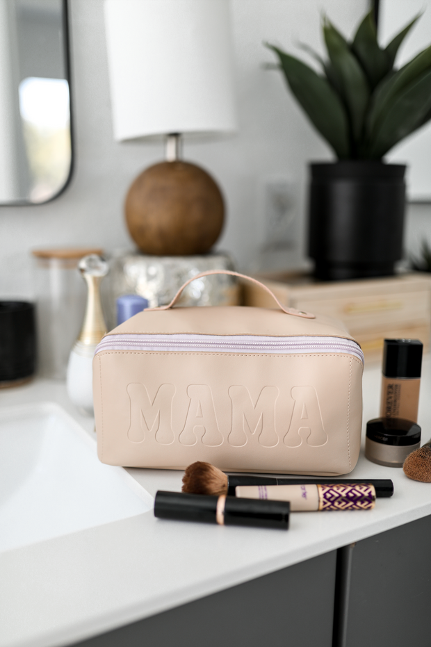 Cosmetic Bag - MAMA - Embossed Hold All Makeup Bag (Latte)