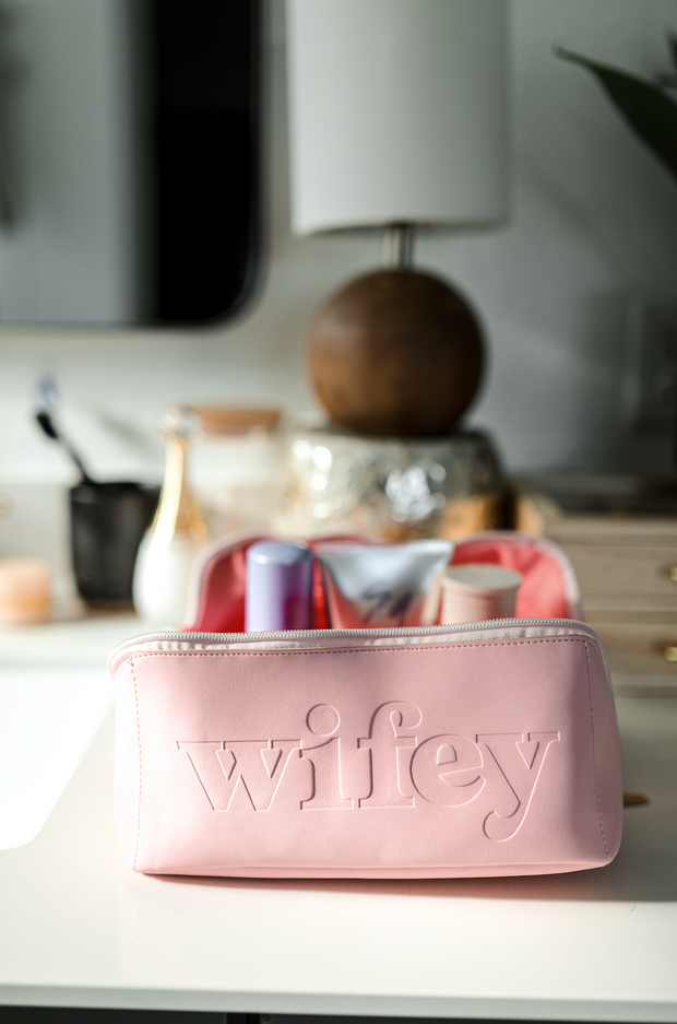 Cosmetic Bag - WIFEY - Embossed Hold All Makeup Bag (Blush/Lavender)