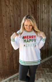 Merry Happy Always (White) - Retro Acid Wash Sweatshirt