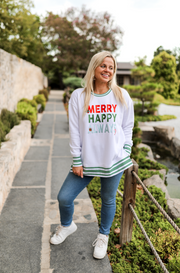 Merry Happy Always (White) - Retro Acid Wash Sweatshirt