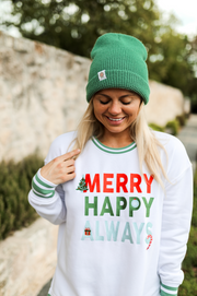 Merry Happy Always (White) - Retro Acid Wash Sweatshirt
