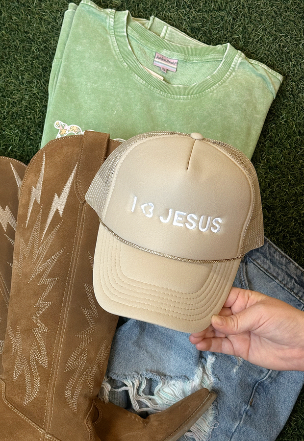 Trucker Hat - I Heart Jesus Embroidery (Tan)