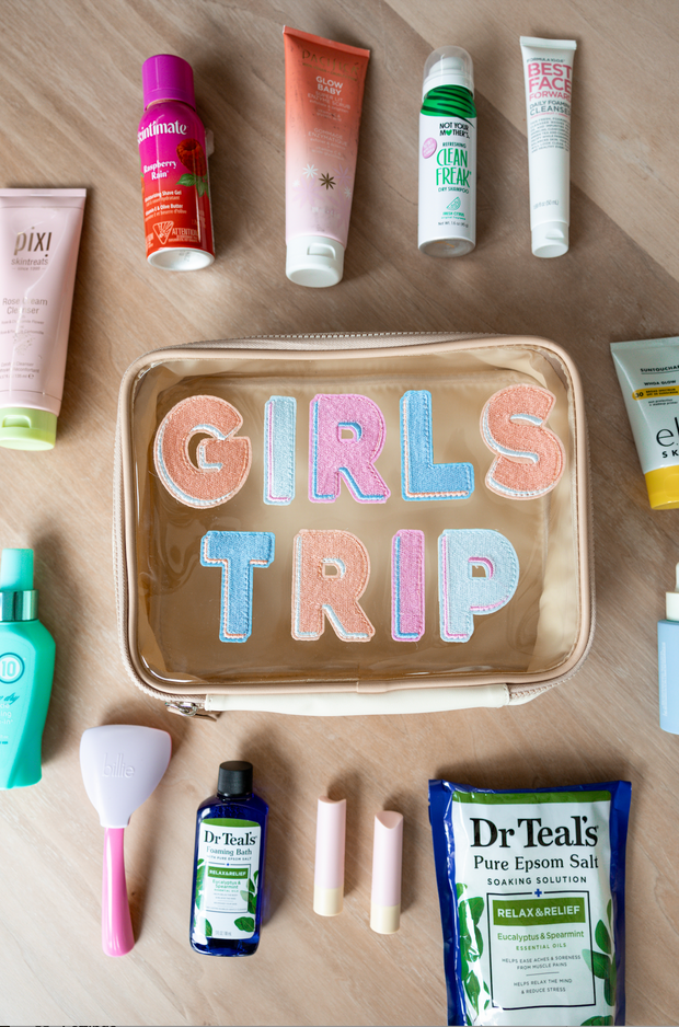 Girls Trip - Oversized Cosmetic Bag (Cream/Tan w/ colorful letters)