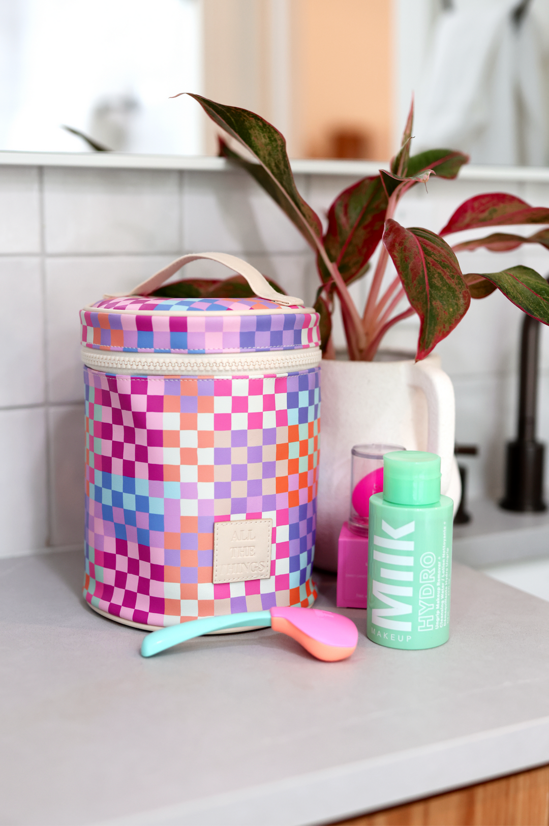 checkered travel makeup bag Handmade Turkish Terry Towel Vegan leather. Barrel Toiletry Bag All The