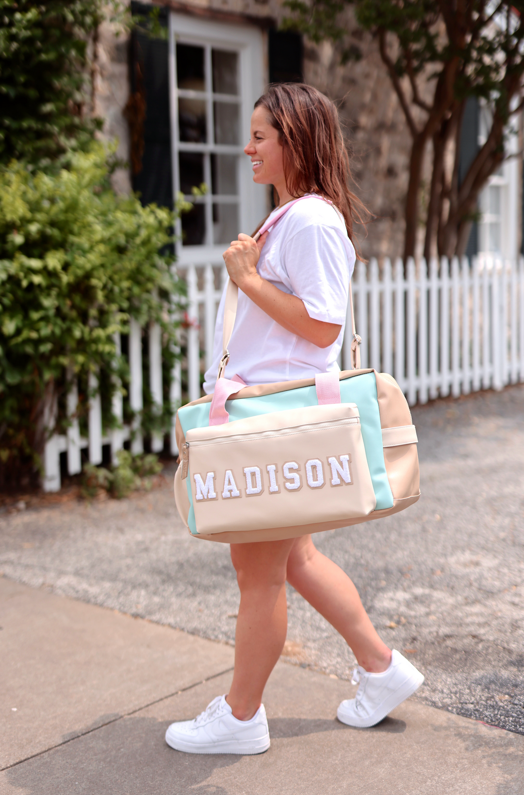 Custom Duffle Bag - SEASIDE Color Block (Blue/Tan/Cream/Pink Custom Duffle Bag - SEASIDE Color Block (Blue/Tan/Cream/Pink
