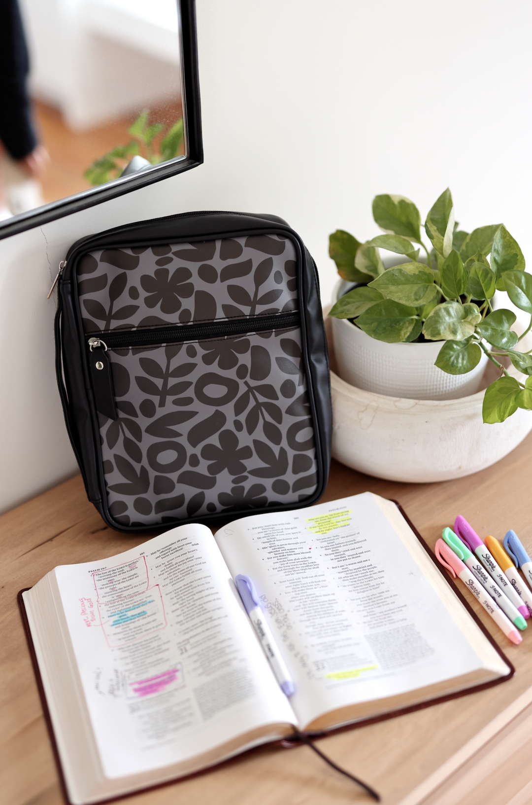 Bible Cover -  Faith First Floral (Black/Grey)