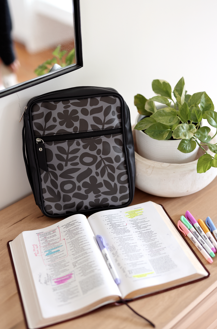 Bible Cover -  Faith First Floral (Black/Grey)