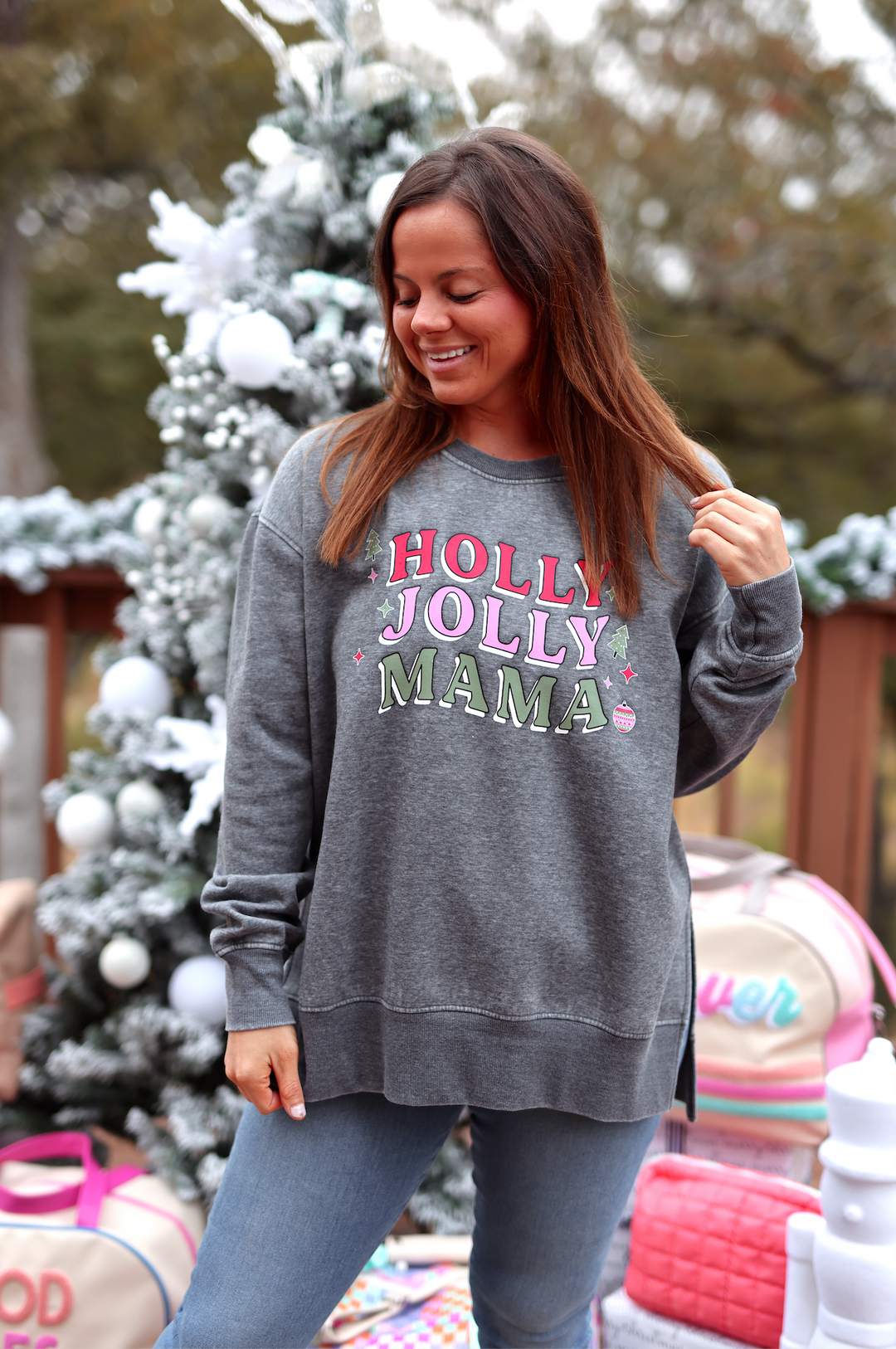 Holly Jolly Mama Burnout Sweatshirt -  (Charcoal)