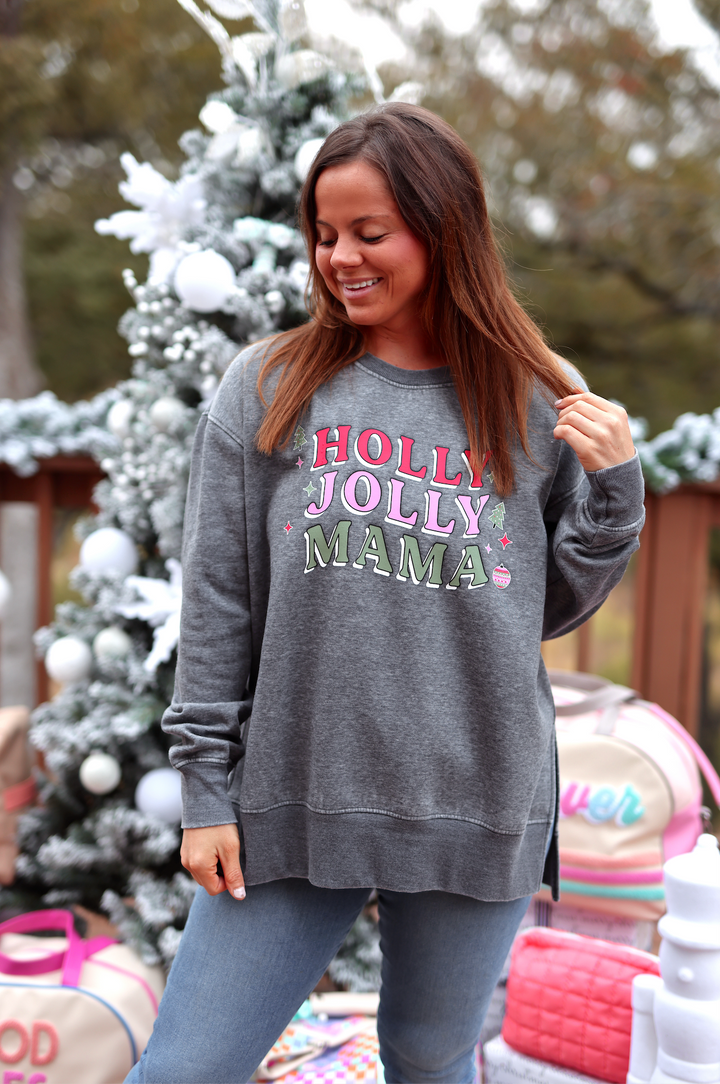 Holly Jolly Mama Burnout Sweatshirt -  (Charcoal)