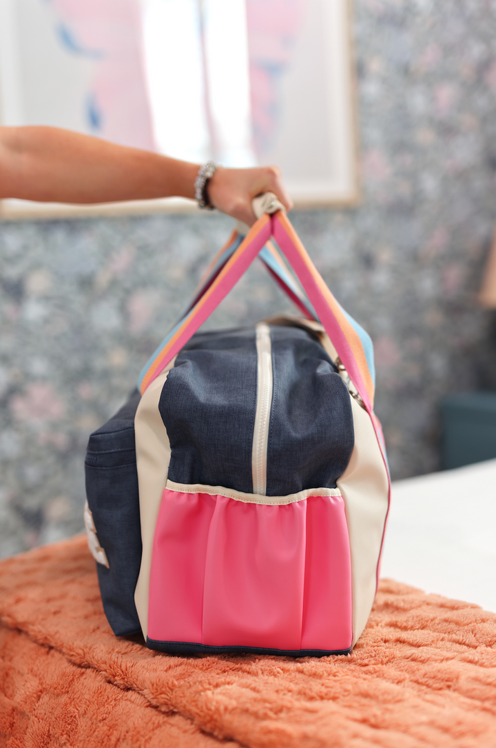 Custom Duffle Bag - Denim Print Color Block (Denim Print/Cream/Mint)