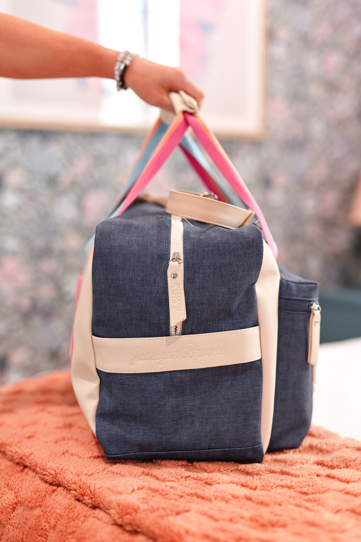Custom Duffle Bag - Denim Print Color Block (Denim Print/Cream/Mint)