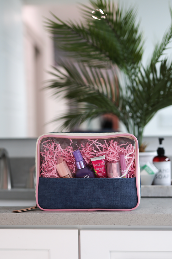 Oversized Cosmetic Bag - (Denim Print)