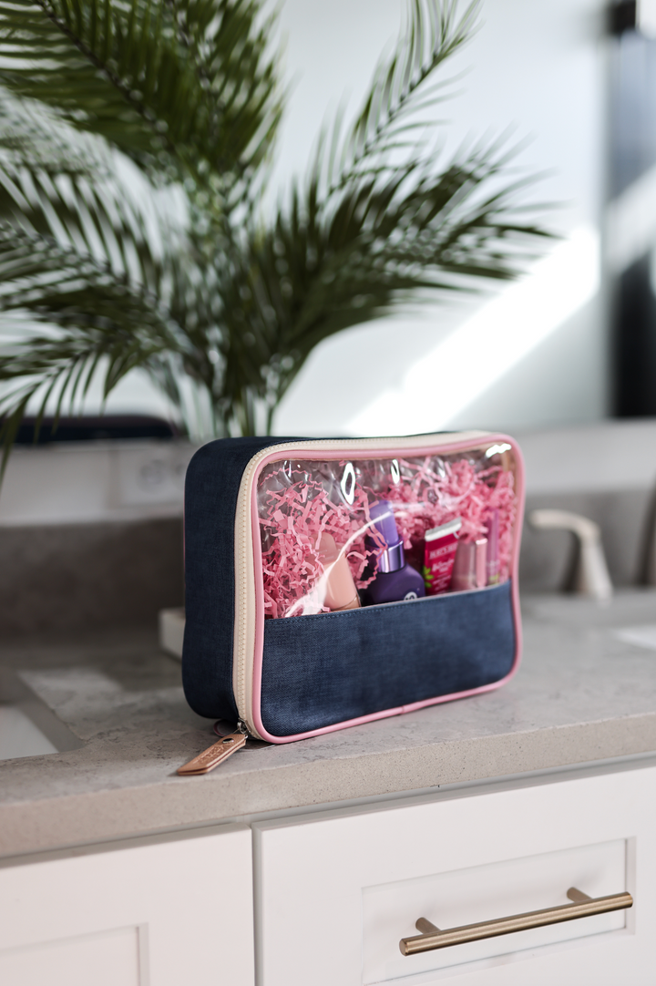 Oversized Cosmetic Bag - (Denim Print)