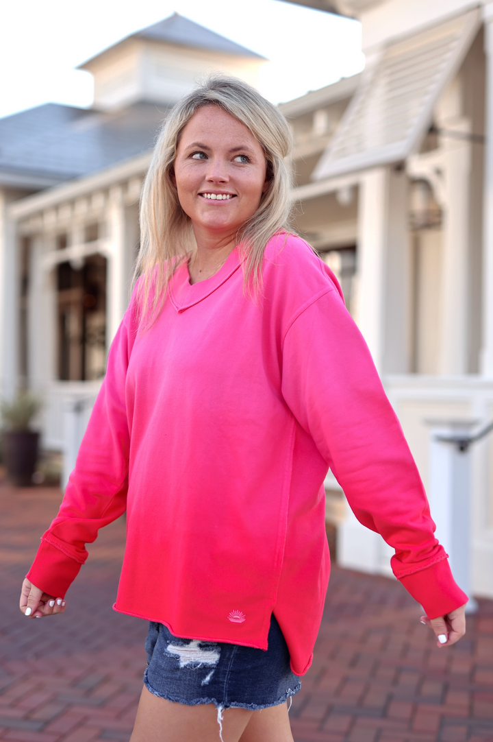 Terry V-Neck Pullover - (Red/Pink)