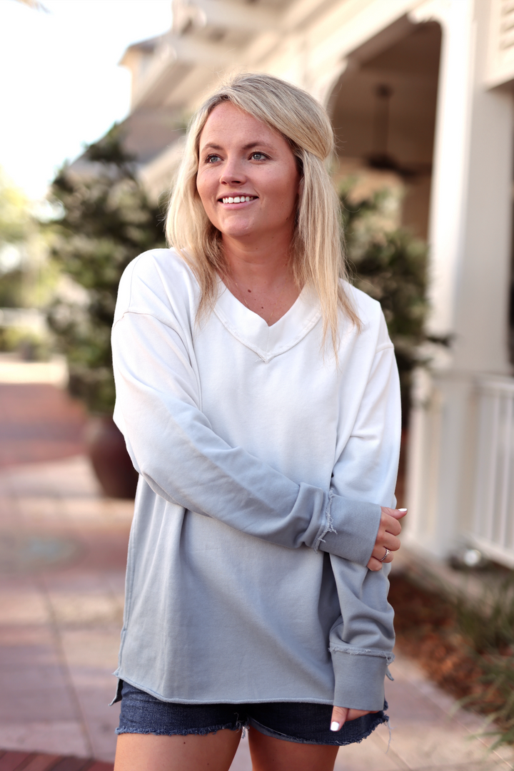 Terry V-Neck Pullover - (Slate/Cream)