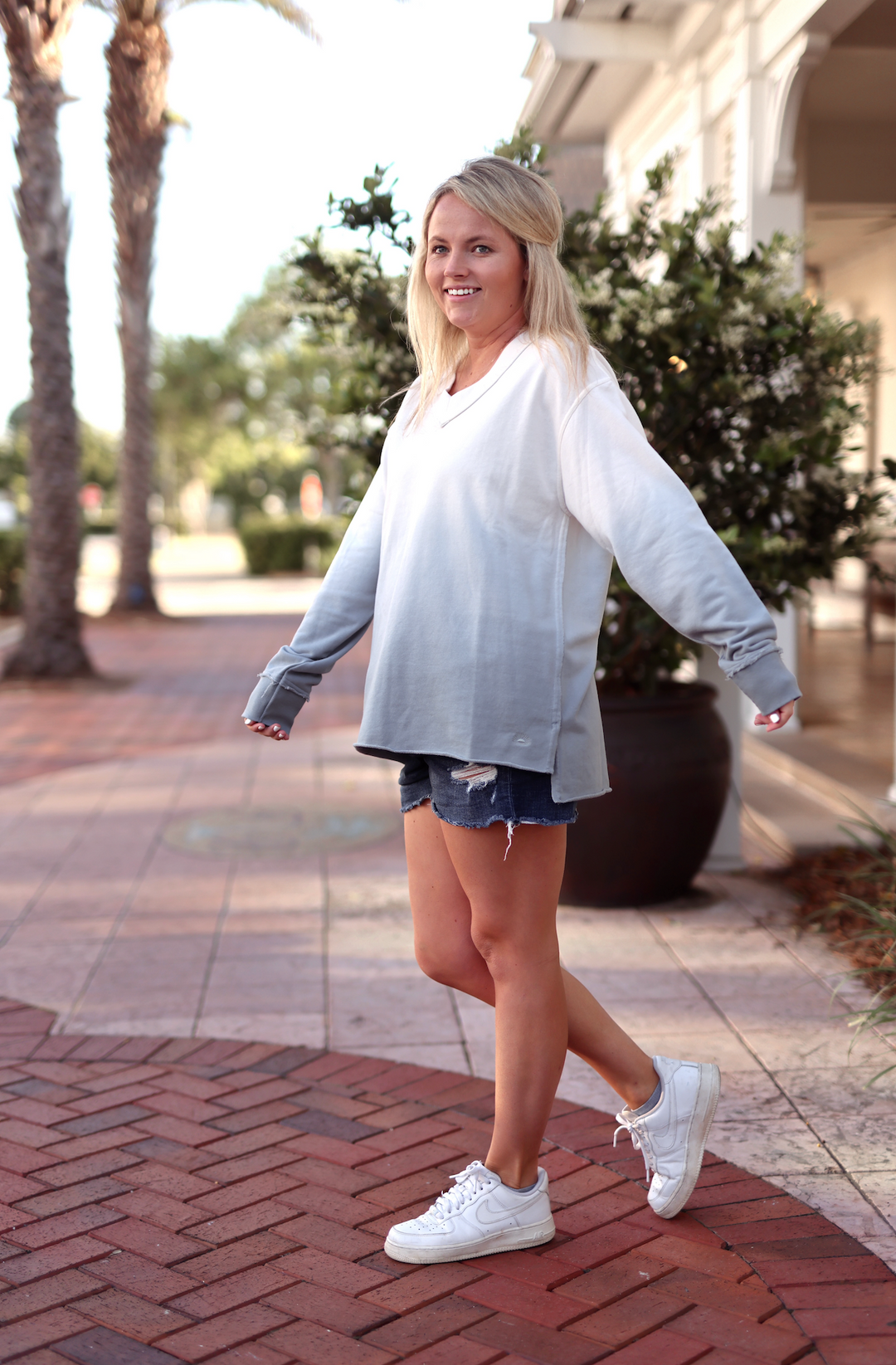 Terry V-Neck Pullover - (Slate/Cream)