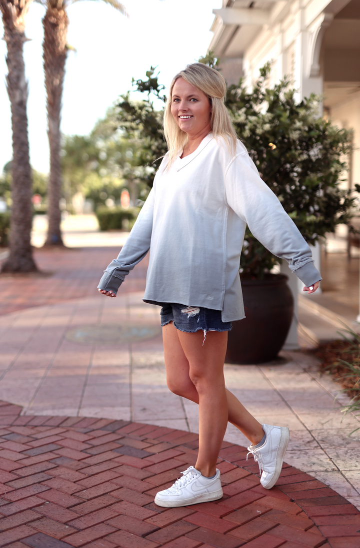Terry V-Neck Pullover - (Slate/Cream)
