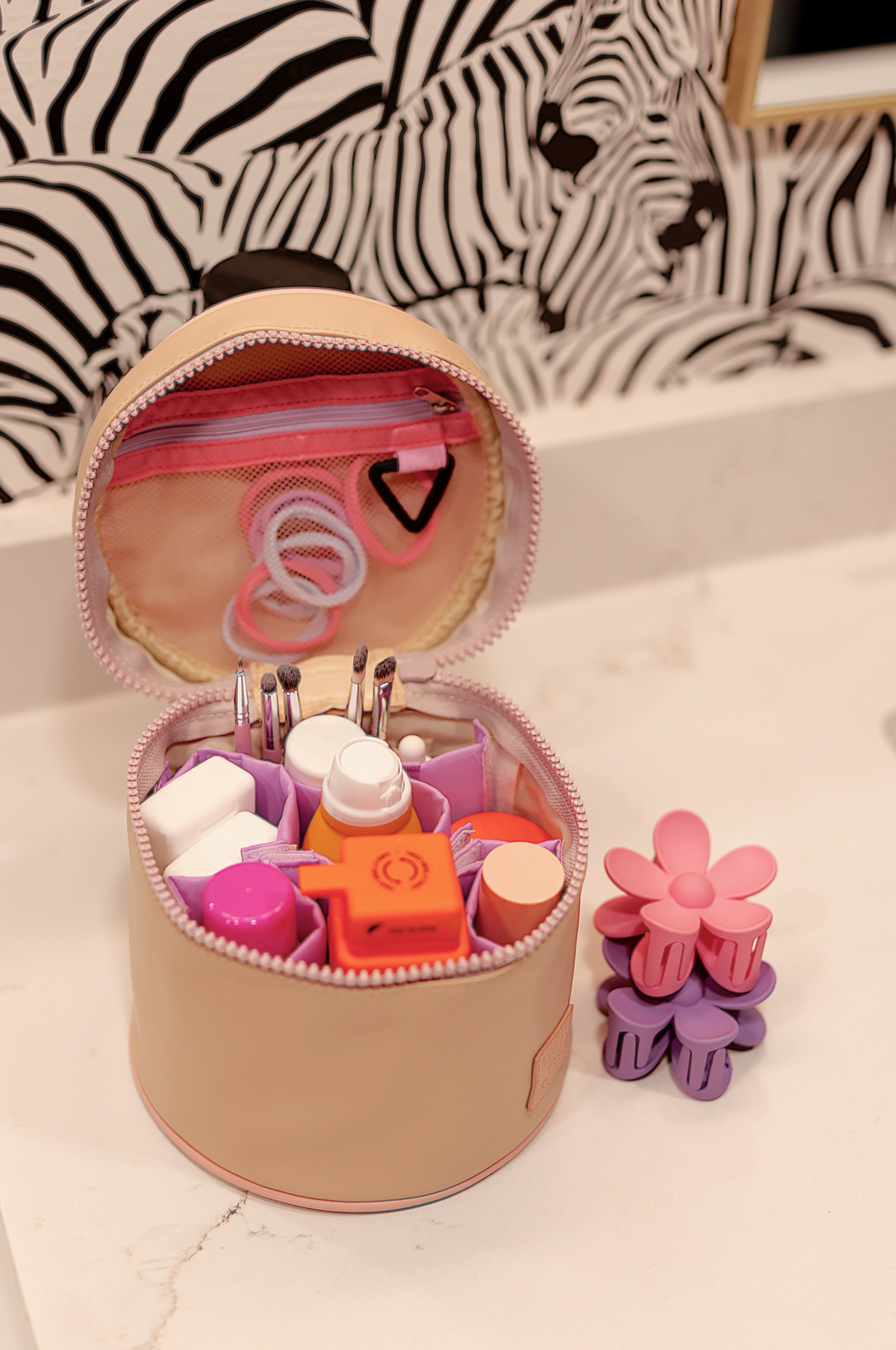 Barrel Toiletry Bag *MINI* - Live In The Moment (Tan/Lavender)