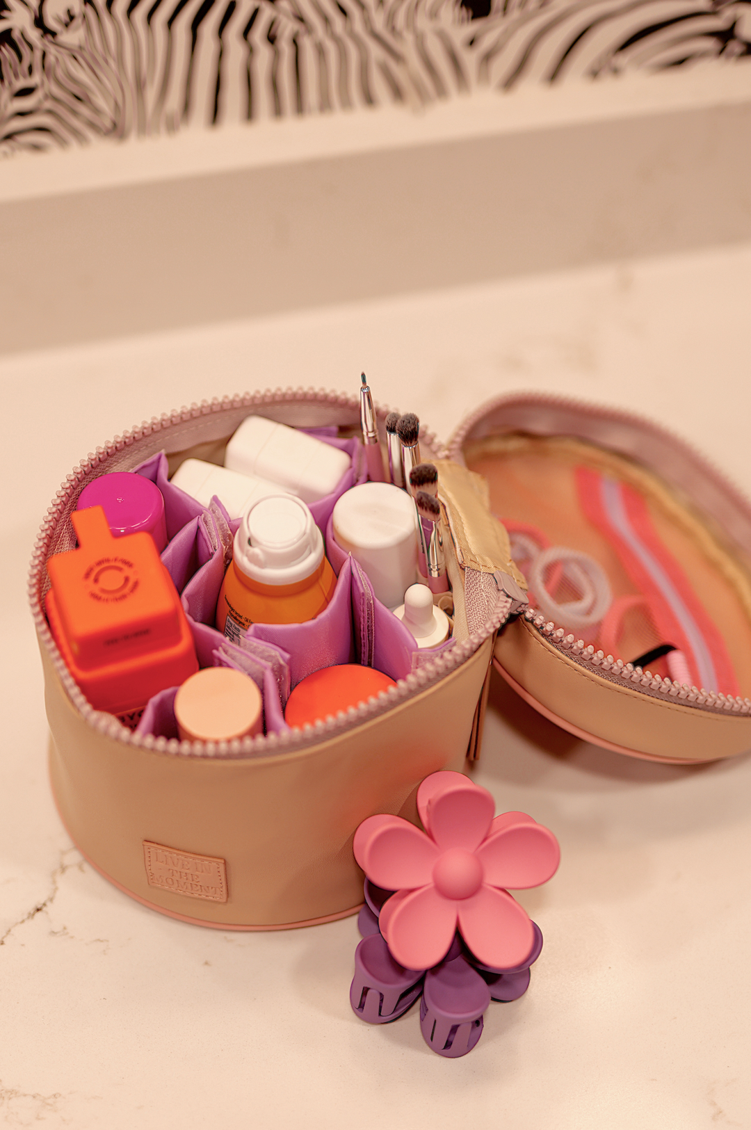 Barrel Toiletry Bag *MINI* - Live In The Moment (Tan/Lavender)