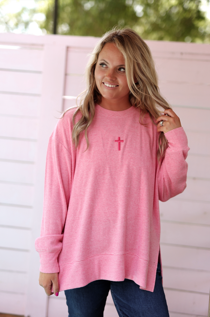Cozy Day Waffle Pullover - Embroidered Cross ✝  (Coral)