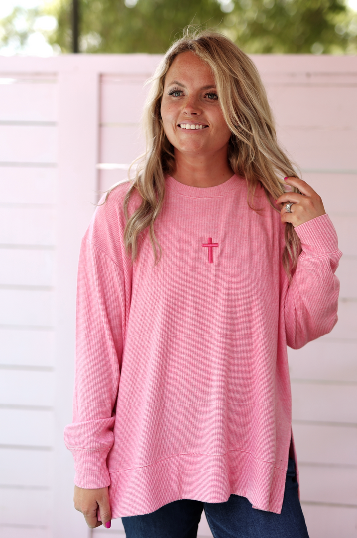Cozy Day Waffle Pullover - Embroidered Cross ✝  (Coral)