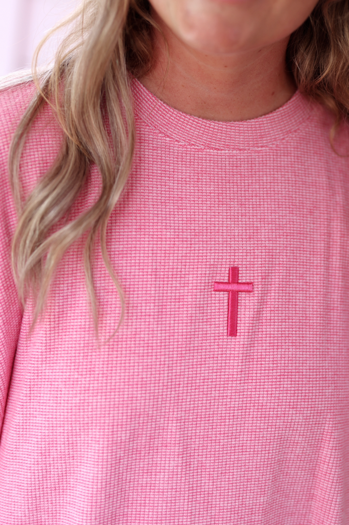 Cozy Day Waffle Pullover - Embroidered Cross ✝  (Coral)